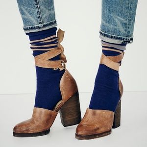 Free People Cora Tan Leather Ankle Wrap Stacked Heal Shoes